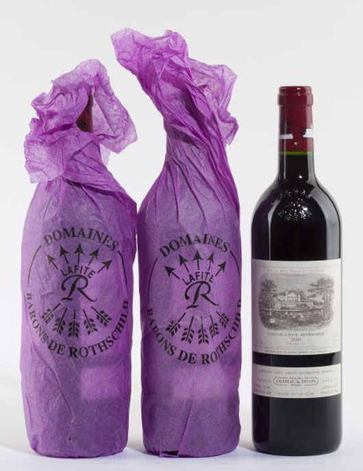 One lot consisting of three bottles of Chateau Lafite Rothschild wine (French, 2000 vintage). Image courtesy of Leland Little Auction & Estate Sales Ltd.